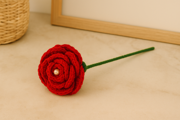 Handcrafted Crochet Red Rose with Stem and Leaves for Valentine’s Day, Anniversary, Birthday, and Home Decor
