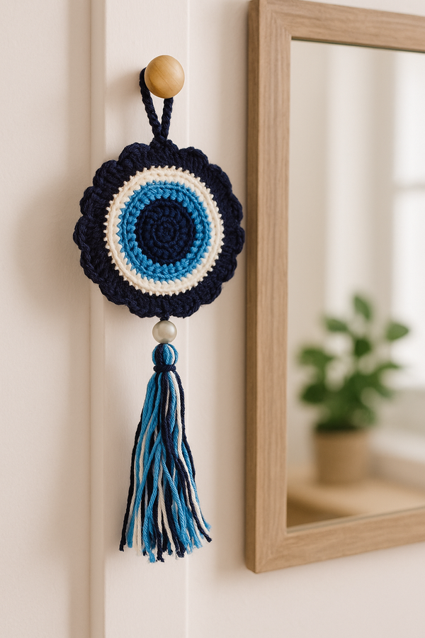Crochet Evil Eye Hanging – Decorative Wall Hanging for Home & Office | Good Luck Charm | Evil Eye Protection