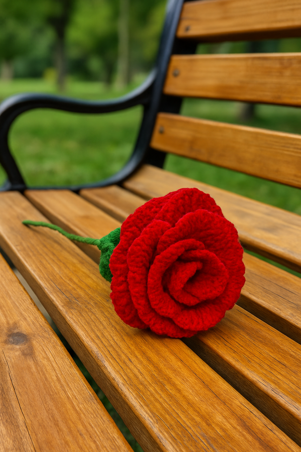 Handcrafted Crochet Big Red Rose Flower with Stem & Leaves – Perfect for Valentine’s, Anniversary, Birthday & Home Décor. A Timeless, Elegant Gift.