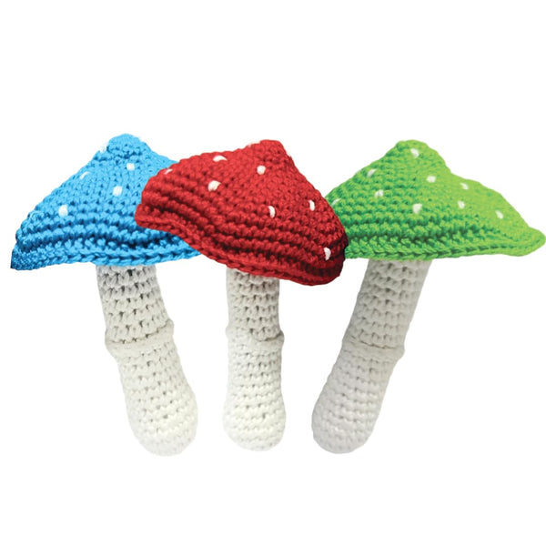 Soft Hand Knitted Cotton Crochet Cute Mushroom Teether Toy Pack of 3(Red, Blue, Green) | Crochet Toy | Handmade | Child Safe | for Birthday,Return Gifts & Perfect for Decoration