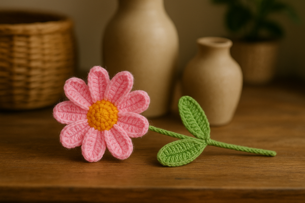 Handcrafted Crochet Pink Daisy Flower with Stem & Leaves – Perfect for Valentine’s, Anniversary, Birthday & Home Decor