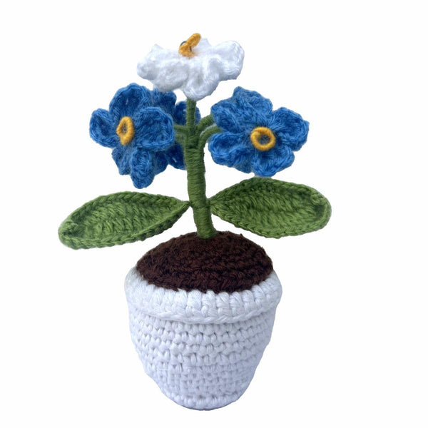 Handmade Crochet Flower with Pot – Blue and White Flowers – 16 cm Tall – Decorative Home Décor Gift