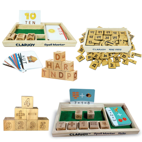 Clapjoy Educational Game Combo – Spell Master, Math Master with Flash Cards & Shabd Rachna | Learning Game for Kids of ages 3+ years