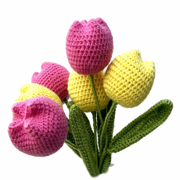 Handmade Crochet Tulip Bouquet – Pink & Yellow – Set of 6 Flowers – Decorative Gift for Home, Weddings & Special Occasions