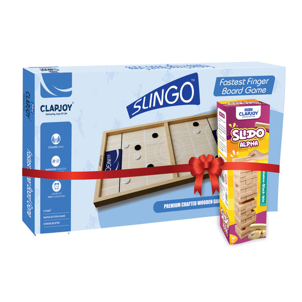 Clapjoy Slingo & Slido Alpha Combo – Fast-Paced Finger Board Game & Wooden Block Stacking Set – Ultimate Family & Party Entertainment for All Ages!