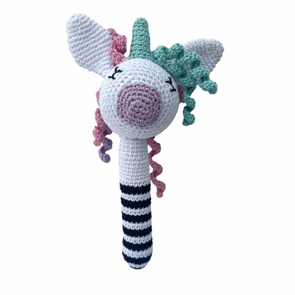Baby Rattle, Unicorn Long Rattle, 0-6 Months Montessori Sensory Toys for Babies, Handmade Crochet Baby Ring Rattle Toy | Teething Toy |