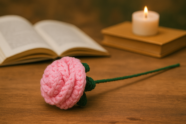 Handcrafted Crochet Pink Rose Flower with Stem & Leaves – Perfect for Valentine’s, Anniversary, Birthday & Home Decor. A Timeless, Elegant Gift.