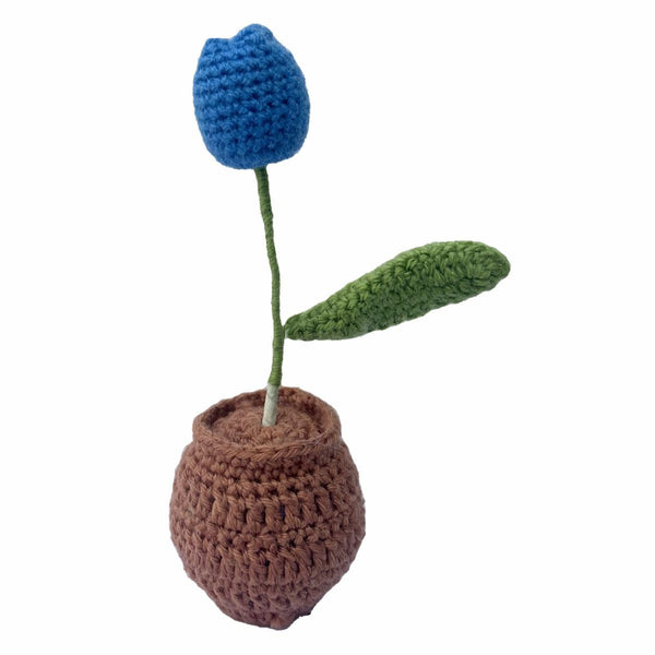Handmade Blue Tulip Flower, Green Leaf, Brown Pot Crochet Flower