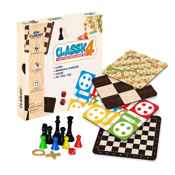 Clapjoy Wooden Classic 4 in 1 Board Game (Ludo & Chess |Snake Ladder & Tic Tac Toe) for 5+ years kids
