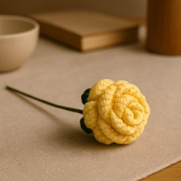 Handmade Crochet Yellow Rose Flower with Stem & Leaves – Perfect for Valentine’s, Anniversary, Birthday & Home Decor. A Timeless, Elegant Gift.