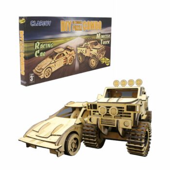 Clapjoy 3D Wooden Make Your Own Racing Car and Monster Truck Combo – 2 in 1 Combo